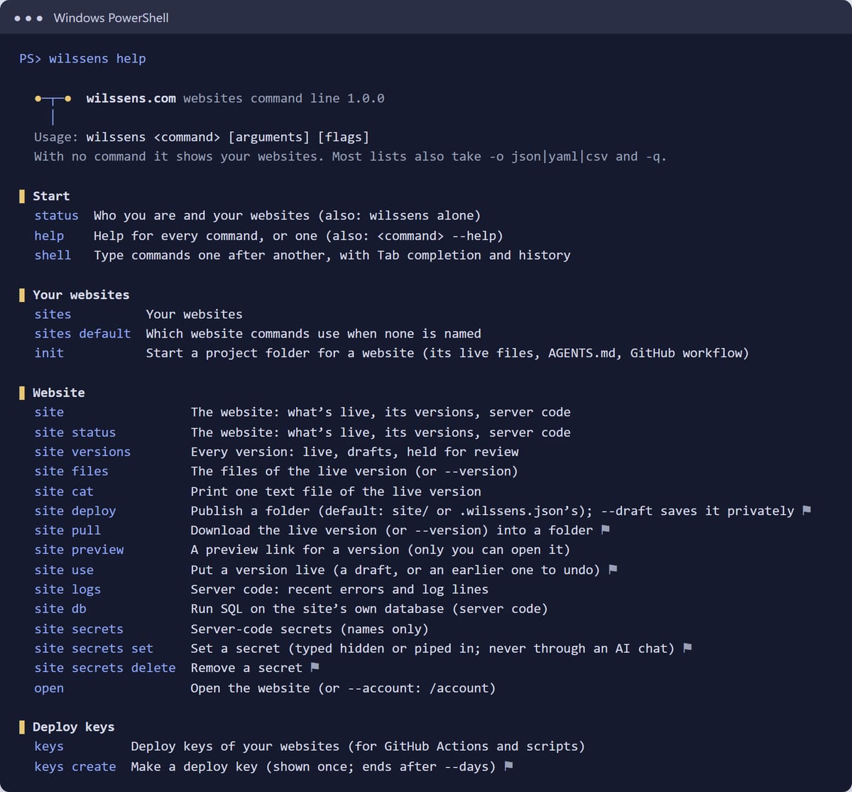 The wilssens command line for website owners, showing its help screen