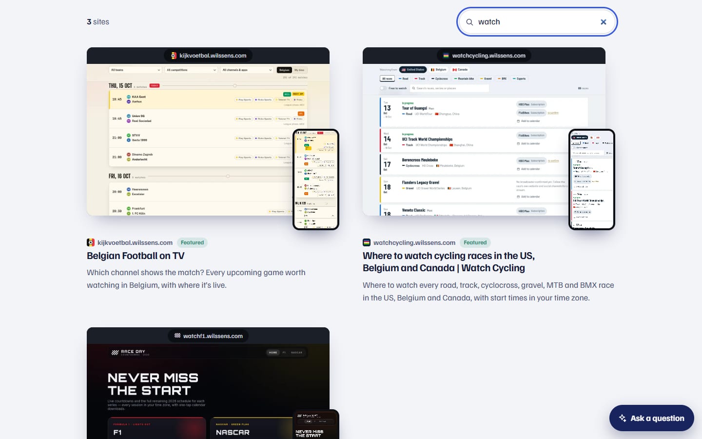 The family directory, showing listed sites with desktop and phone screenshots