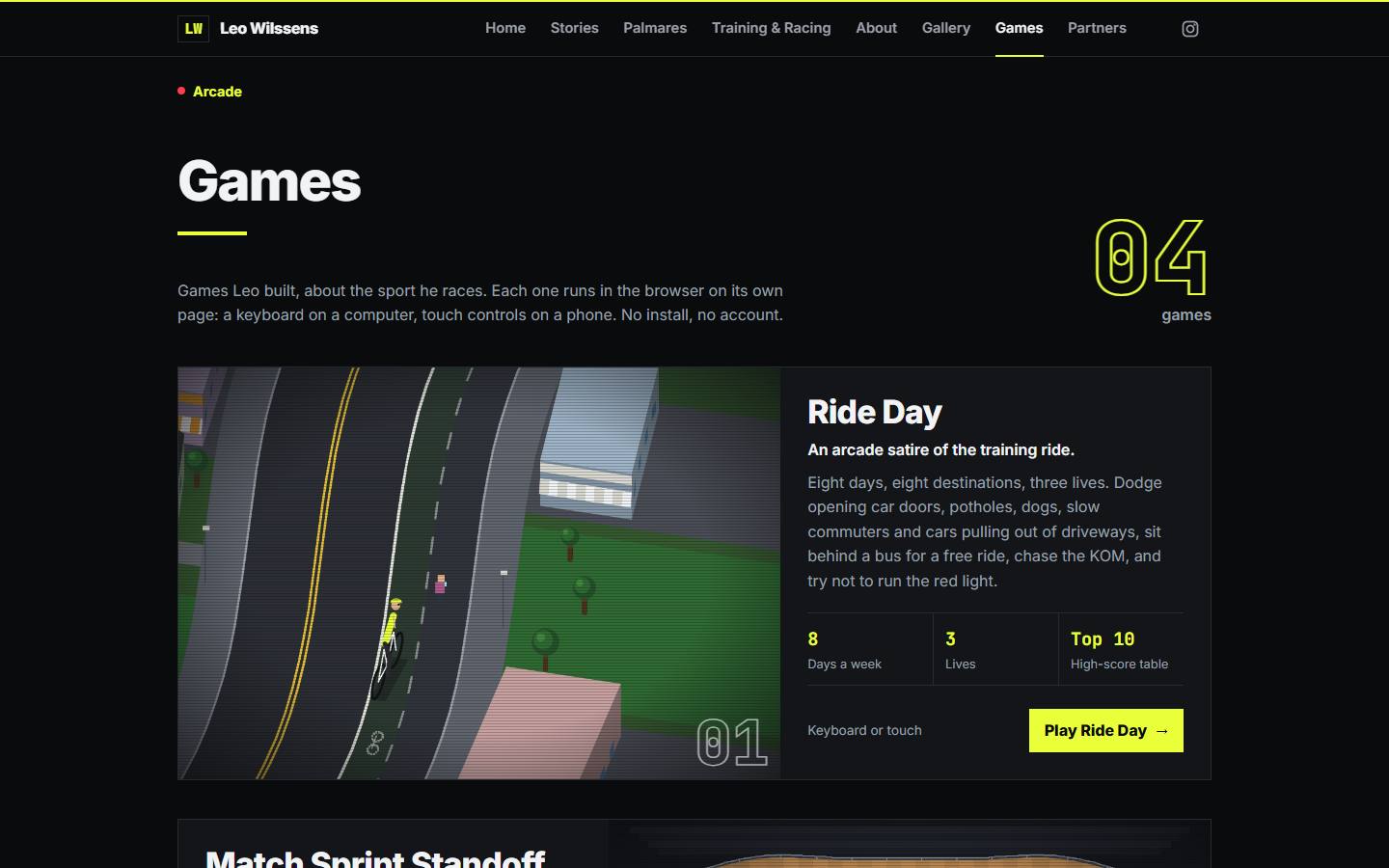 The Games page of leo.wilssens.com: a large outlined 04 beside the word games, and the first game, Ride Day, described as an arcade satire of the training ride, with a pixel-art road scene, eight days a week, three lives and a top-ten high-score table