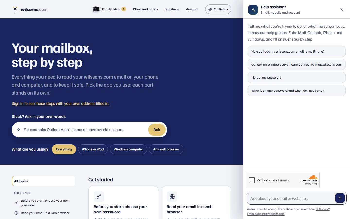 The help assistant panel open beside the email help centre, with suggested questions and a Cloudflare Turnstile check