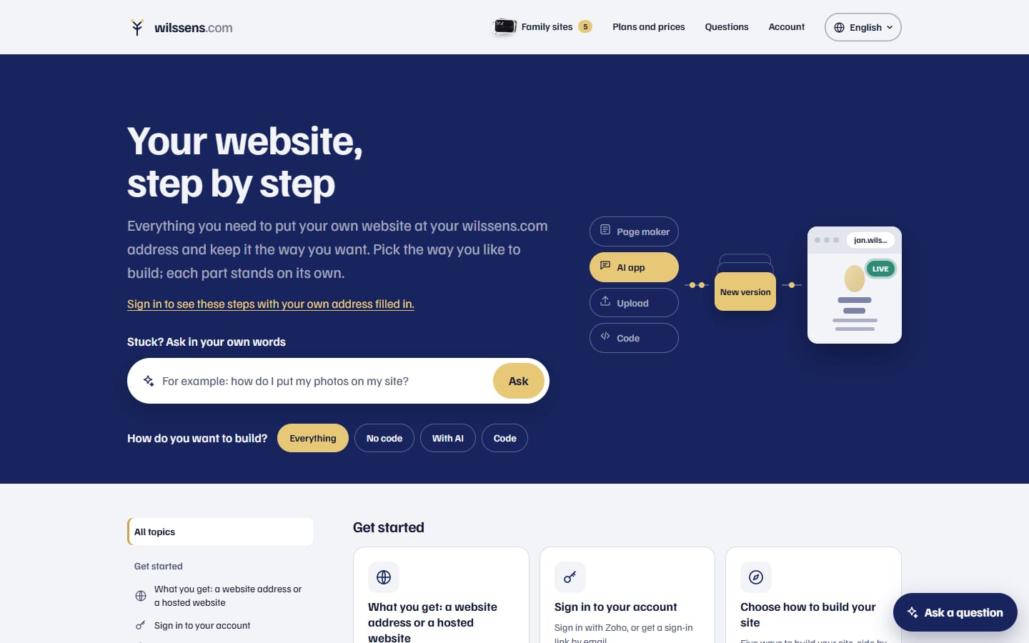 The website help centre, whose header animation shows page maker, AI app, upload and code leading to a new version that goes live