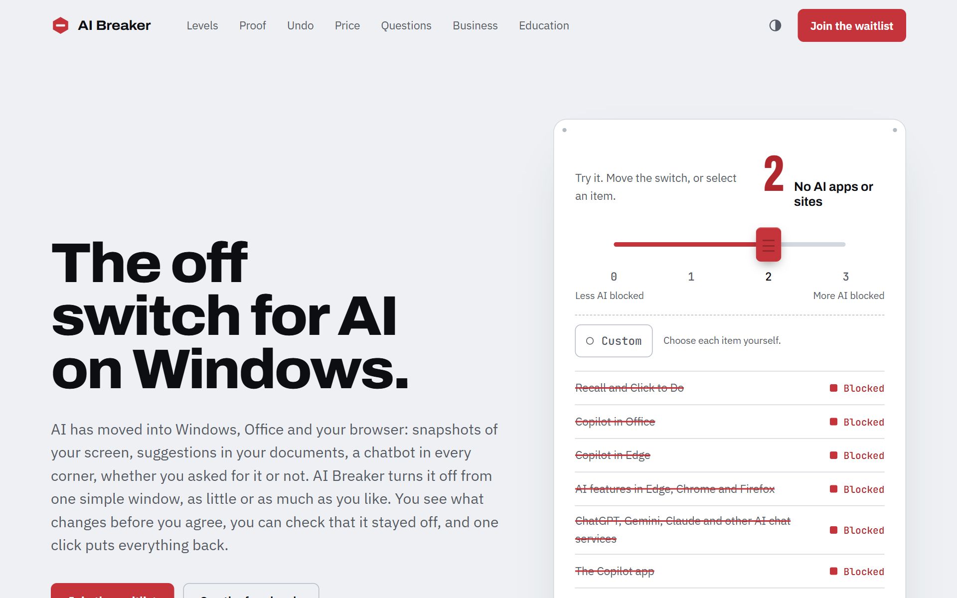 The aibreaker.org home page: the headline “The off switch for AI on Windows.” beside a demo of the switch set to Level 2, with the AI features it blocks crossed out