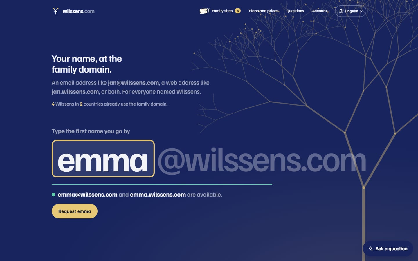 The wilssens.com home page: a first name typed into the search shows that name@wilssens.com and name.wilssens.com are available