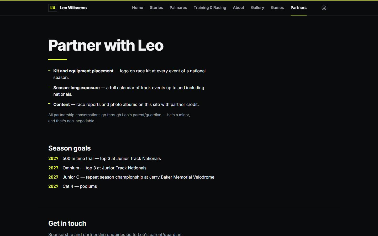The Partners page of leo.wilssens.com: Partner with Leo, three value propositions for a sponsor, a note that all partnership conversations go through Leo’s parent or guardian, four season goals for 2027 and a Get in touch section