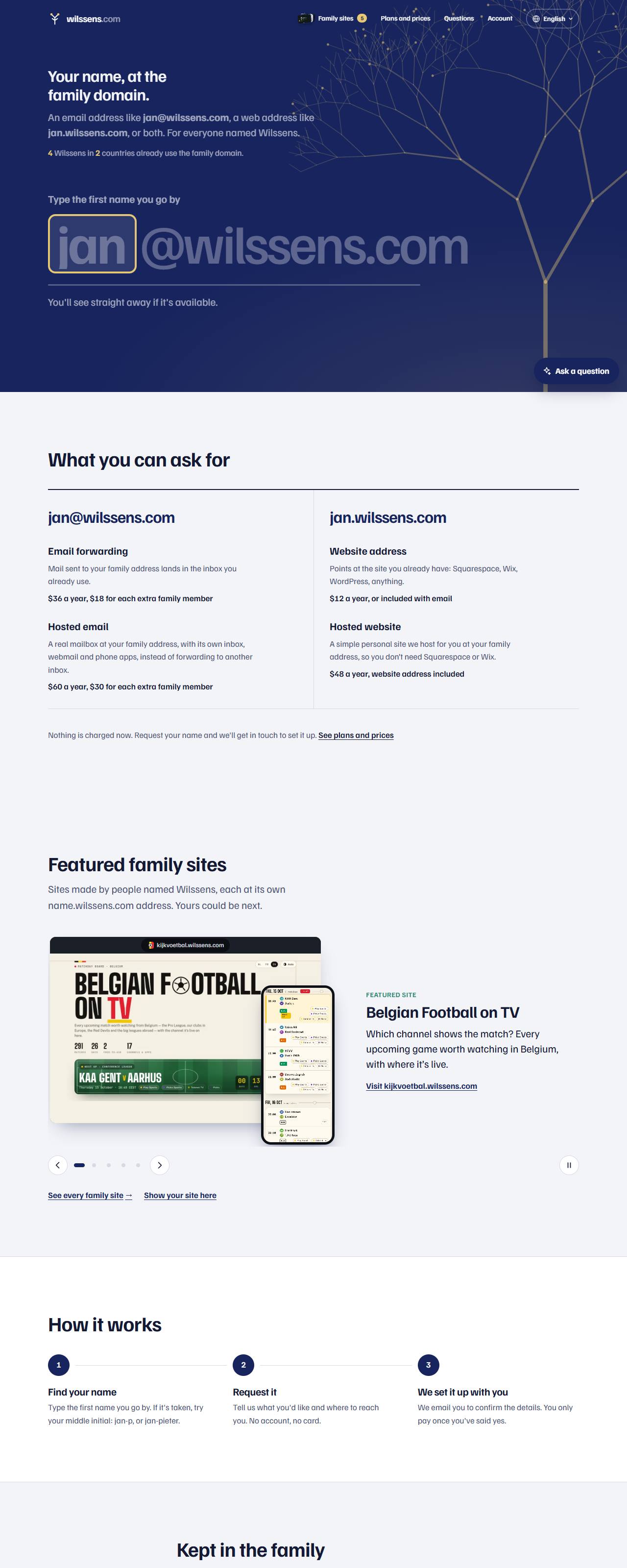 The wilssens.com home page: a deep blue hero reading “Your name, at the family domain.” with a name search, followed by plans and featured family sites.